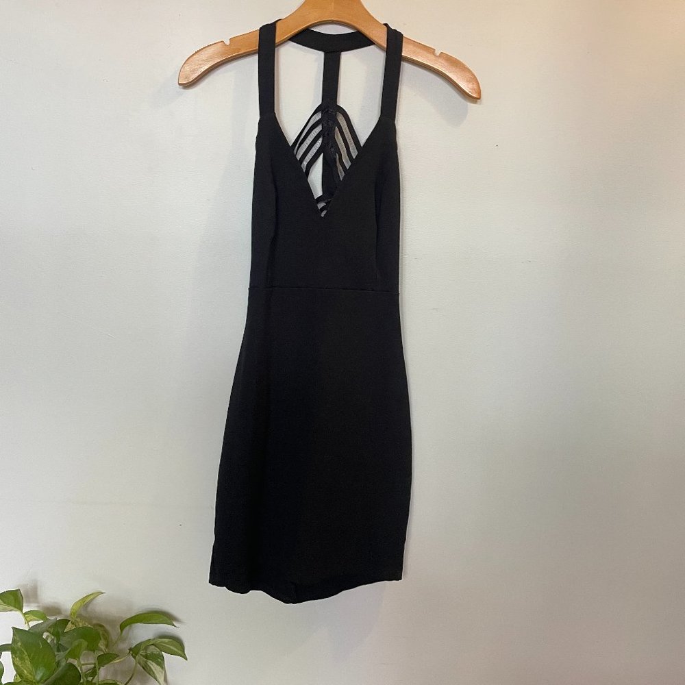 TOBI Body con, racer back, open back black mini dress- Size MED